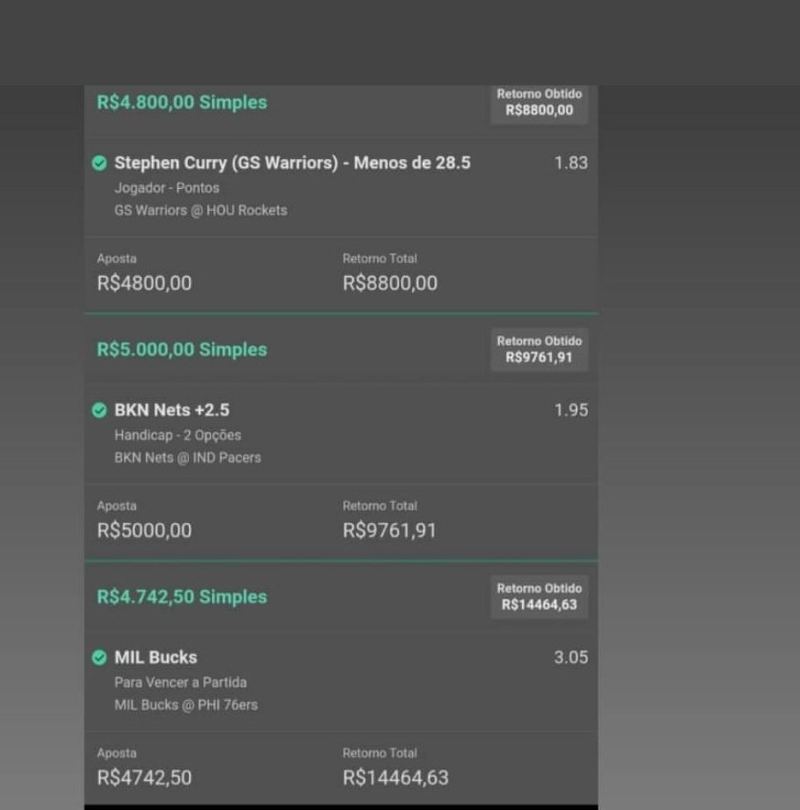 Três apostas simples ganhas: Curry, BKN Nets, MIL Bucks