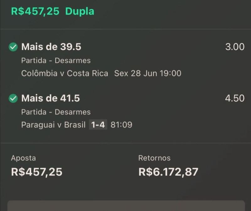 Aposta dupla R$457 com retorno R$6.172,87
